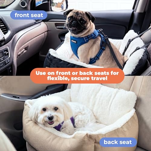 Best Pet Supplies Elevated Dog Car Seat for Small Dogs, Booster Seat with Safety Tether & Storage, Washable Travel Pet Seat for Front or Back Seat, Up to 25 lbs - Gray - 21 x 20 x 14