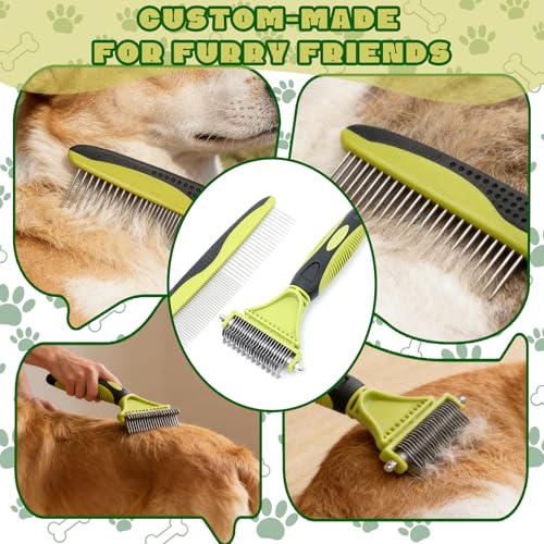 Pon Ywo Nree 2-in-1 Pet Grooming Brush & Undercoat Rake, Double Sided Dematting Comb for Dogs Cats, Shedding & Slicker Grooming Tool (Green)
