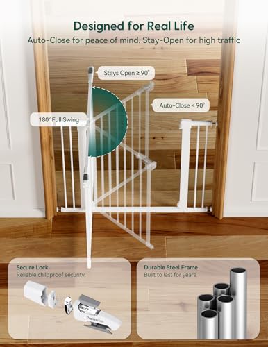 Babelio 29-55 Inch Extra Wide Baby/Dog Gate, PressGuard P7, Metal Auto Close, Pressure Mounted Pet Door for Doorways, NO Need Tools and Drilling, with Wall Cups, White