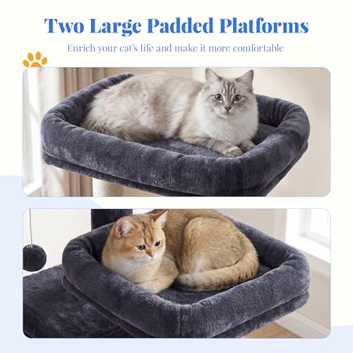 Hey-brother Cat Tree, 74 inches Multi-Level XL Large Cat Tower for Indoor Cats with Three Cat Condos, Two Large Top Decks and Cat Hairbrushfor Kittens, Cats and Pets, Smoky Gray MPJ035-MG
