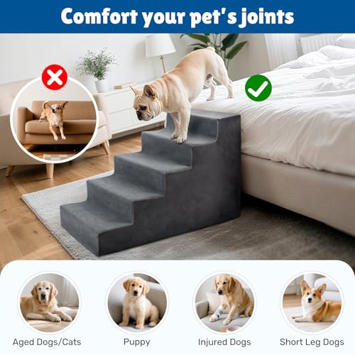 Dog Steps for High Bed, 23" H Dog Stairs for Small Dogs, 5-Tier Pet Stairs with Washable Cover, Non-Slip Pet Steps for Dogs to Get On Bed
