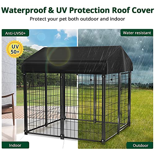 Dog Kennel Outside with Roof, 4'x4'x4.5' Outdoor Dog Kennels for Large Dogs, Heavty Duty Welded Dog Crate Playpen with UV-Resistant Waterproof Cover