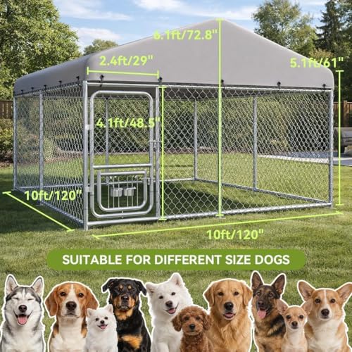 COMHOMA 10×10FT Outdoor Dog Kennel with Adjustable Bowls Feeder Heavy Duty Extra-Large Dog Enclosure with Roof & Lock All Weather Resistant for Medium Large Dogs