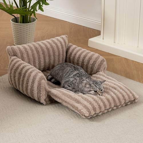 Hollypet Cat Bed Fluffy Plush Multifunctional Double-Layer Machine Washable Soft Warming Kitty Pet Couch Orthopedic Nest Beds for Small Cats Kitten and Dogs up to 13lbs, Khaki(21x15x8 inch)