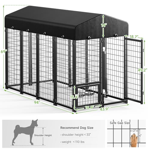 Guiferland Dog Kennel Outdoor, Weatherproof Outside Dog Kennel with Roof & Swivel Feeders and Removable Dog Door, Heavy Duty Outdoor Kennels Dog Enclosure Run for Medium Large Dogs (8'L x 4'W x 6'H)