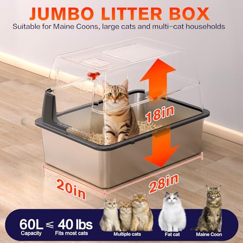 XXXL Stainless Steel Litter Box with Lid,28" L*20" W*18" H Extra Large Metal Cat Litter Boxs, Jumbo Enclosed Litter Box for Big Cats and Multi-Cat Households,Non-Sticky, Anti-Leakage, Easy to Clean