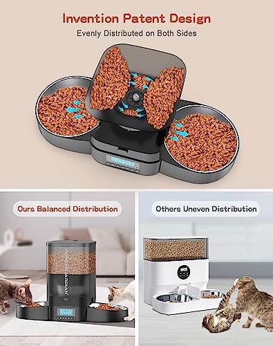 HoneyGuaridan 3.5L Automatic Cat Feeder for Two Cats, Food Dispenser with Stainless Steel Bowl,Timed Cat Feeder Programmable 1-6 Meals Control, Dual Power Supply,10s Meal Call Black