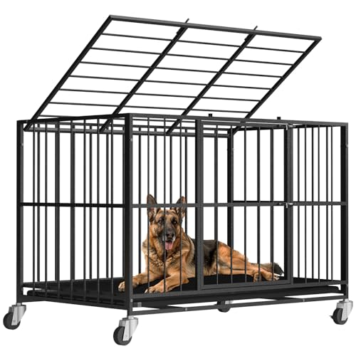 Docagt 48 Inch Heavy Duty Dog Crate Steel Escape Proof, Indoor Double Door High Anxiety Cage, Removable Tray, Large Dog Kennel with Wheels, XL XXL