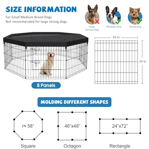 Dog Pen Pet Playpen Dog Fence Indoor Foldable Metal Wire Exercise Puppy Play Yard Pet Enclosure Indoor Outdoor 8 Panels 24 Inch with Bottom Pad/Top Cover (Black with top Cover)