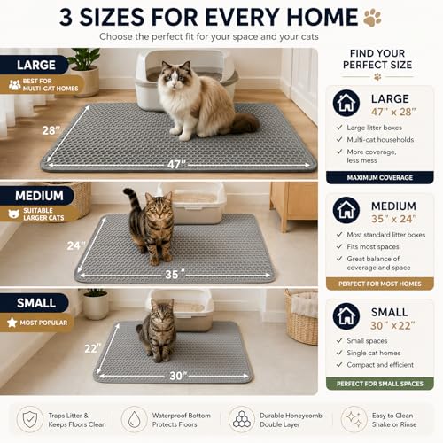 Flasidu Cat Litter Box Mat Double Layer Trapping Mat Easy-Clean Waterproof Urine Proof(Gray 30x22in)