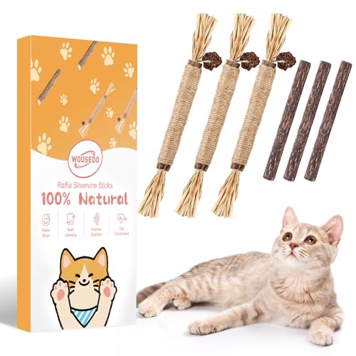 WOUSEDO 6 Pack Silvervine Sticks Cat Toy, Natural Chew Stick for Dental Care Teeth Cleaning,Matatabi Cat nip Treat Toys for Indoor Cats& Kittens