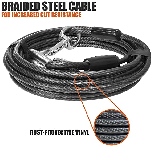 BV Dog Tie Out Cable 25 Feet - Heavy Duty Dog Lead Up to 250 Pounds - Reflective & Rust-Free with Quick Release Swivel Clips & 360° Rotating Clasp - Tangle-Free Dogs Runner for Yard (Grey, Single)
