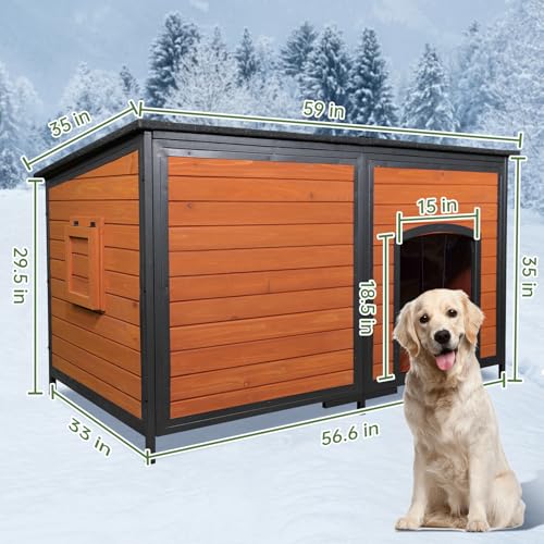 Extra Large Dog House Outdoor Weatherproof Dog Shelter Large Wooden Insulated Houses with Upgrade Anti-Chewing Iron Frame