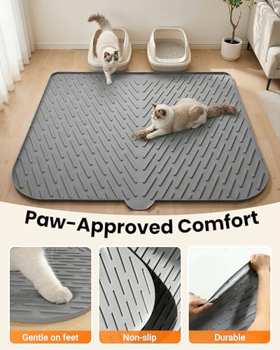 Vacqueen Cat Litter Box Mat, 47" x 37" Extra Large Cat Litter Mat, Silicone Waterproof Litter Trapping Mat for Scatter Control Soft on Kitty Paws Non-Slip Easy to Clean (Grey)