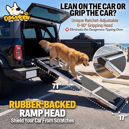71" Aluminum Alloy Dog Ramp for Car SUV Truck Side Door, Foldable Outdoor Pet Ramp with Adjustable Support Head, Non-Slip Traction Surface, Sturdy Ramp for Large Dogs Up to 200 LBS (5 Folded)