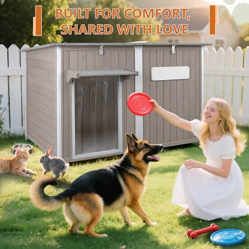 Ketive 55"L Dog House Outdoor Large Breed Extra XL Wooden Dog House with Weatherproof Asphalt Roof, All-Around Iron Frame, Removable Floor, Openable Top Roof, Air Vents Window for Medium to Large Dogs