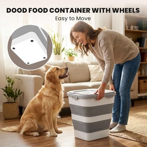 DDMOMMY 35-40 Lbs Airtight Dog Food Storage Container, Collapsible Dog Food Container with Lid, Wheels, Date Track, Large Pet food storage Container for Rice,Flour,Sugar,Dog Food Scoop,2PCS Containers