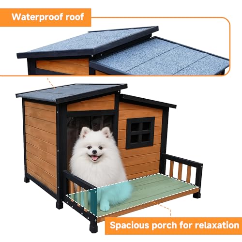 WHEGETED Large Dog House Outdoor Indoor for Small Medium Large Dog, Wood Insulated Dog Kennel Home with Durable Weatherproof Asphalt Roof and Elevated Floor Outside Shelter Brown 39x37x30 Inches