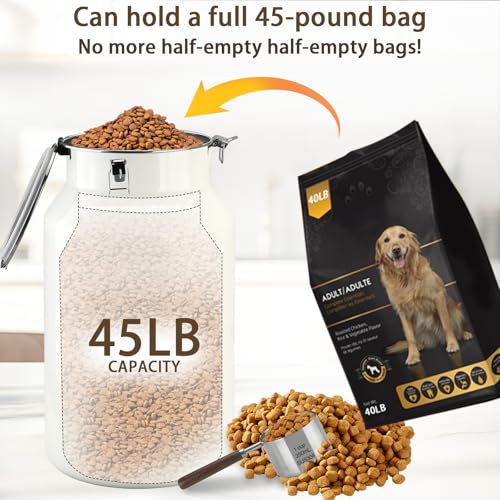 Aloxina Dog-Cat Food Storage Container 45 lb/48 Qt, Large Stainless Steel Pet Food Bin with Airtight Lid & Scoop Included, Durable 304 Metal Storage for Dogs & Cats