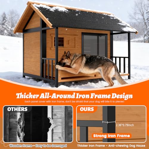 BuddyManor 51'' Dog House with Dog Bowls Stand, Large Outdoor Dog House Kennel with Weatherproof Roof, Easy to Install Anti-Bite Design Dog Home for Outside Small Medium Large Dogs(Brown)