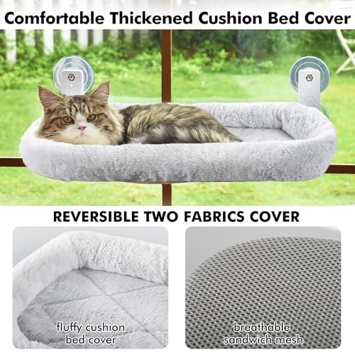 AMOSIJOY Cordless Cat Window Perch, Cat Hammock for Wall with 4 Strong Suction Cups, Solid Metal Frame and Two Replaceable Covers, Foldable Cat Beds for Indoor Cats (Large-Cushion Bed-Gray)