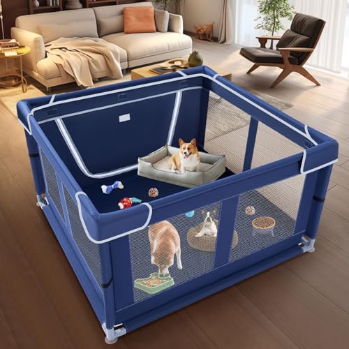XVISHX 42x42 Inches Puppy Playpen with Gate, Dog Playpen for Puppies or Small Dogs, DogFence Pet Playpen for Indoor & Outdoor, Sturdy Safety DogPen with Thickened Fabric, High-Strength Nylon Wire Mesh