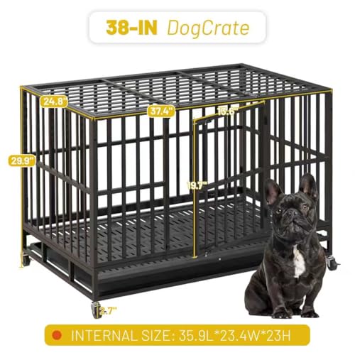 NUGRIART Escape-Proof Heavy Duty 38" Dog Crate, Indestructible Steel Kennel for Large & High-Anxiety Dogs with 300Lbs Capacity, Double Door Design with 4 Locking Wheels and Reinforced Baseplate.