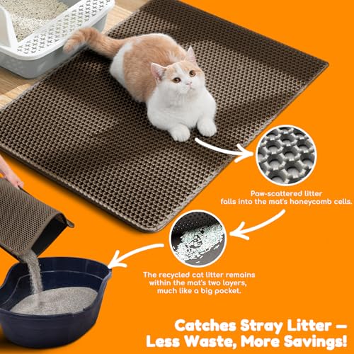 blissstorm Extra Large Waterproof Cat Litter Mat - 31x24 Inch Honeycomb Double Layer Traps Litter, Waterproof & Non-Slip Floor Protector, Easy Clean, Odor-Free, Brown