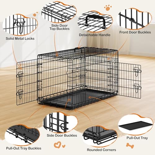 Yaheetech 42 inch Double Door Dog Crate w/Divider for Puppy, Collapsible Metal Dog Kennel with Removable Tray, Portable Travel Cage, Black