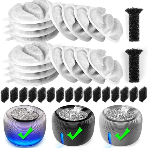Kastty Cat Water Fountain Filter Replacement, 3.5L Cat Water Filter Made of Activated Carbon and PP Cotton,16 Pet Water Fountain Filter 16 Pack Replacement Pump with 2 Sound-absorbing Cotton(L04)
