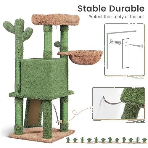 Yaheetech Cactus Cat Tree, 42in Cat Tower for Indoor Cats, Multi Level Kitten Condo Scratching Post, Cat Activity Center Pet Furniture w/Ball, Plush Perch, Platform, Basket