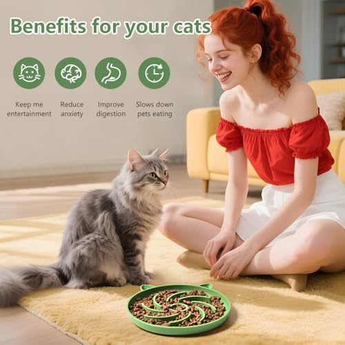 2Pcs Silicone Slow Feeder Cat Bowl,Puzzle Feeder,Interactive Toys,Slow Feeding cat Bowl Suitable for All Dry and Wet Foods,Easy to Clean Silicone Bowls (Green and Blue)