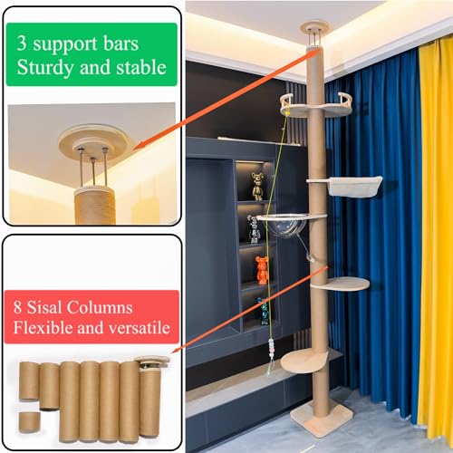Floor to Ceiling Cat Tree Height (50-120.5in) Adjustable Cat Tower 5 Tier Hemp Scratching Post High Cat Tree Sturdy Activity Tree Indoor Outdoor Cat Scratching Post Activity Center