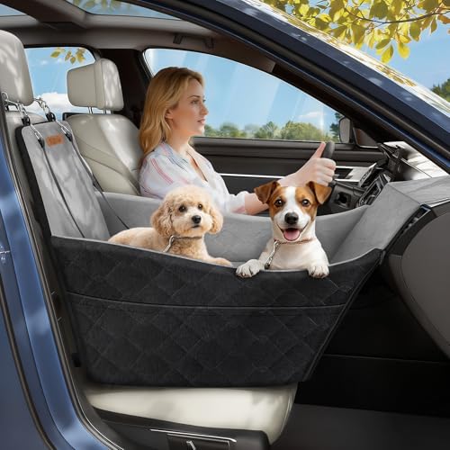 Tivray Elevated Dog Car Seat, Dog Booster Car Seats for Small & Medium Breeds Up to 35lbs, Fully Detachable and Washable, Soft Foam Pet Carseat with 2 Storage Pockets & 3 Safety Belts, Black & Gray