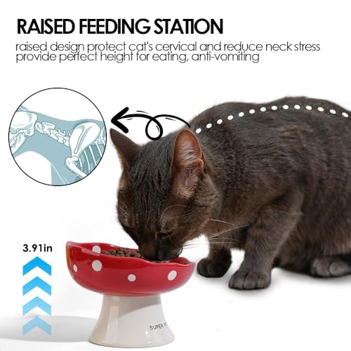 Ceramic Elevated Mushroom Cat Bowls, Tilted Raised Pet Dish Anti Vomit Kitten Bowl for Indoor Cats, Whisker Friendly Pet Food and Water Bowl for Kitten, Cat, Puppies, Dishwasher Safe (Red)