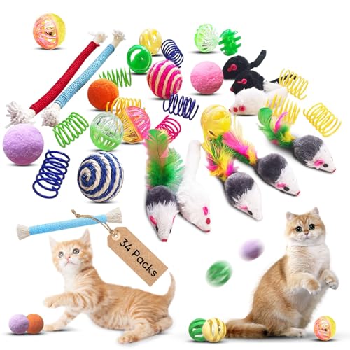 YULOYI Cat Toys for Indoor Cats, 34 Packs Interactive Cat Toy Set with Colorful Springs Toys, Mouse Toy, Catnip Ropes, Balls, Bells, and Sisal Ball for Kitten Toys