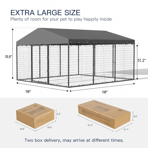 Kullavik 10x10x6 FT Large Outdoor Dog Kennel,Anti-Rust Galvanized Steel Dog Pen with Double Locks,Heavy Duty Dog Enclosure Fence with UV & Water Resistant Roof Cover for Outside