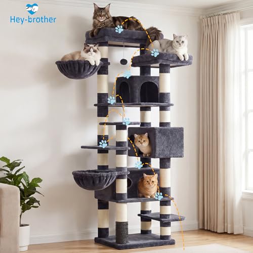 Hey-brother Cat Tree, 74 inches Multi-Level XL Large Cat Tower for Indoor Cats with Three Cat Condos, Two Large Top Decks and Cat Hairbrushfor Kittens, Cats and Pets, Smoky Gray MPJ035-MG