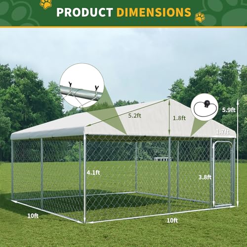 LotFun 10x10 FT Dog Kennel, Heavy Duty Outdoor Dog Enclosure with UV & Rain-Proof Fully Covered Roof, Double Security Locks and Rustproof Metal Mesh for Large Dogs House (10x10x6 FT)