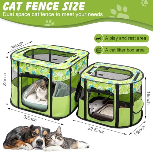 Portable Cat Playpen with Separate Areas, Foldable Indoor Outdoor Cat Enclosure, Portable Pet Tent for Kittens and Small Animals, Collapsible Tent Kennel Cage House with Tent Pegs and Carry Bag