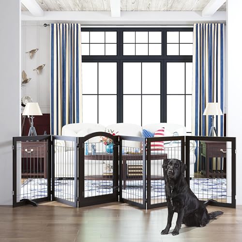 PAWLAND 144-inch Extra Wide 30-inches Tall Dog gate with Door Walk Through, Freestanding Wire Pet Gate for The House, Doorway, Stairs, Pet Puppy Safety Fence, Support Feet Included, Espresso,6 Panels