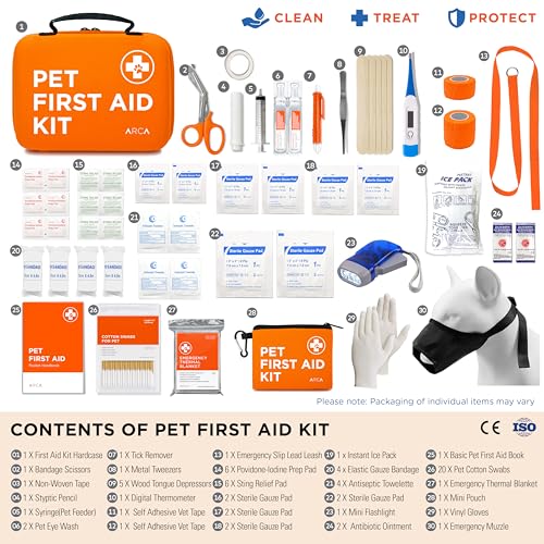 ARCA PET Cat & Dog First Aid Kit for Car - Pet Emergency Kit for Home Office Travel – Dog Camping Essentials with Digital Thermometer, Muzzle & Mini First Aid Pouch