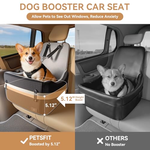 PETSFIT Dog Car Seat for Small/Medium Dogs Up to 35 lbs – Patented Safety System, 5" Memory Foam Pet Booster Car Seat, Fully Detachable and Washable Dog Carseat with 2 Storage Pockets (Black & Grey)