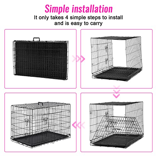 FDW Dog Crate for Large Dogs 48 Inch Folding Metal WirePet Cage Double Door W/Divider Panel Indoor Outdoor Kennel Leak-Proof Plastic Tray,Black