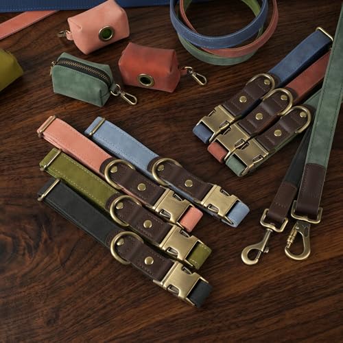 Didog Soft PU Leather Dog Collars for Medium Dogs,Classic Adjustable Dog Collars with Quick Release Metal Buckle,Easy Clean and Comfortable with Nylon Lining,Green,M Neck 14-19"