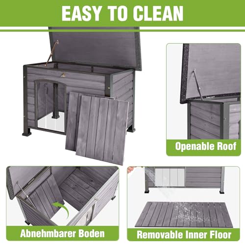 GUTINNEEN Large Outdoor Insulated Dog House Indestructible Dog Shelter Weatherproof Dog Kennel with Chew-Proof Metal Frame, Openable Roof for Small to Large Dog Breeds (Grey, 33.5"L x 22"W x 25.2"H)