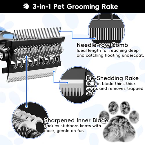 AXEFUN 3-in-1 Professional Pet Grooming Brush for Dogs & Cats – Dematting Comb, Undercoat Rake & Deshedding Tool for Long & Short Hair, Heavy Shedding & Matted Fur (Blue)