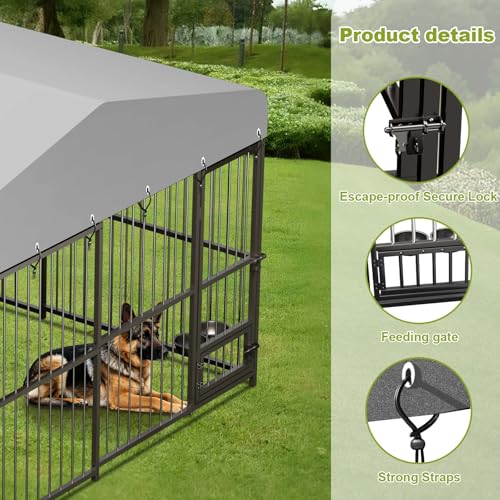 GarveeTech 10x10x6 ft Outdoor Dog Kennel Outdoor, Heavy-Duty Metal Dog Playpen with Waterproof Top Cover, Lock ＆ Swivel Feeding Bowl, Dog Crate Enclosure for All Dog Breeds, Easy Assembly