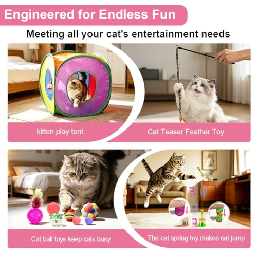 Retro Shaw 33 Pack Cat Toys for Indoor Cats, Collapsible Kitty Tunnel Tent with Feather Teaser Wand, Springs Balls Bell Mouse Interactive Kitten Hideaway Playhouse 15.7 Inches
