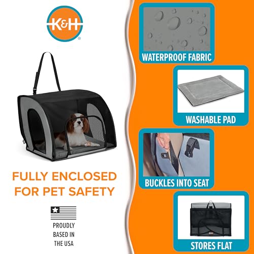 K&H Pet Products Enclosed Dog Car Seat, Travel Safety Carrier for Pets, Dog Travel Car Seat, Soft-Sided Covered Cat Carrier, Washable Pad, Multiple Entrances, Mesh Windows - Medium 24 X 19 X 17in